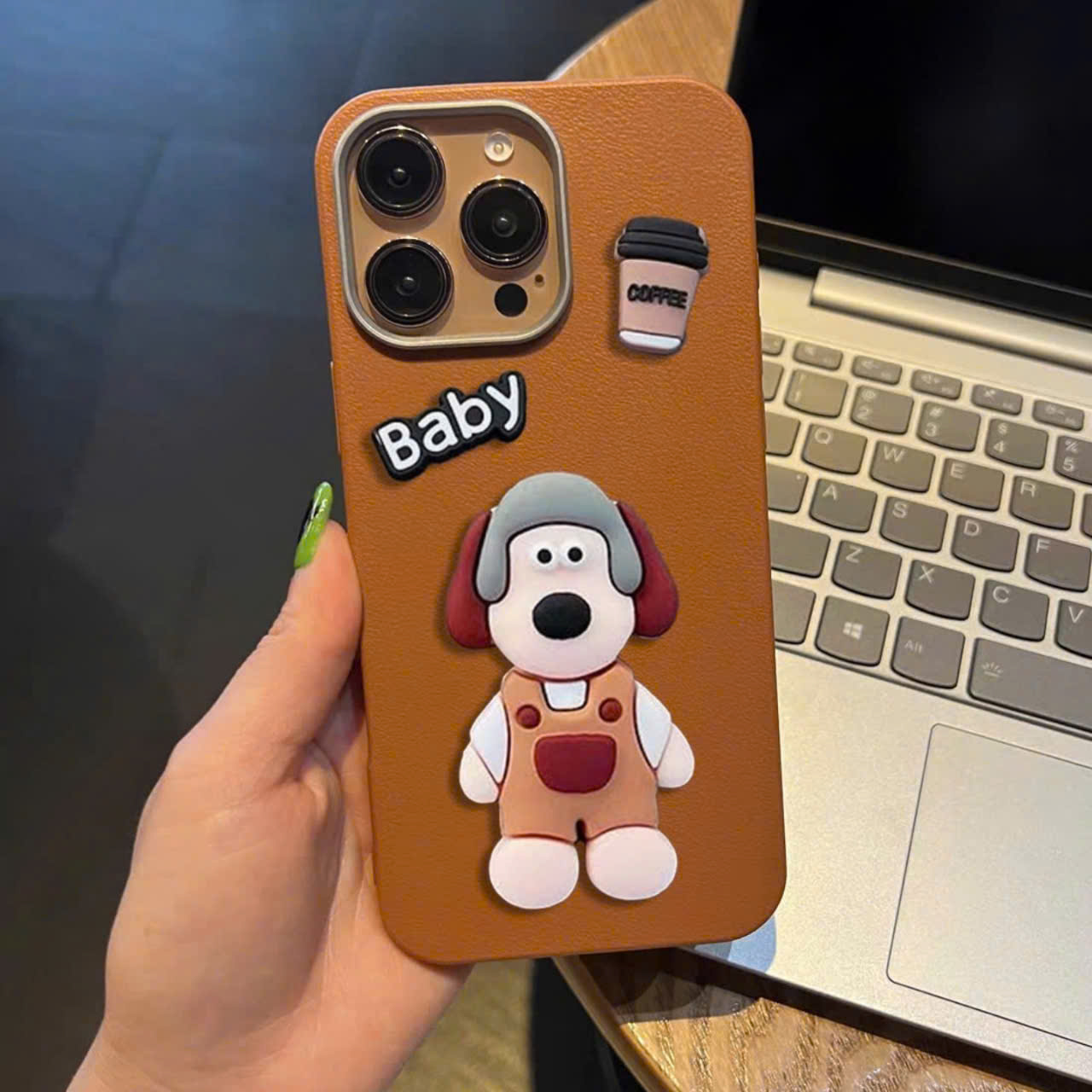 Ốp Vân Da Viền Camera Bạc - Mẫu Thú Nổi Dog Baby (CT)