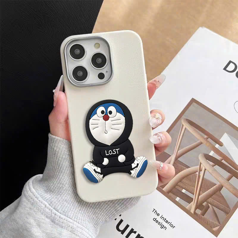 Ốp Vân Da Viền Camera Bạc - Mẫu Thú Nổi Doreamon (CT)
