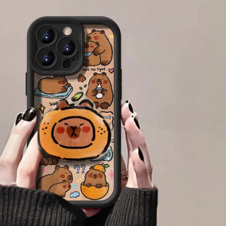 [ KÈM POPSOCKET ] Ốp Lưng Da Viền Bậc Thang Mẫu - Orange Bear