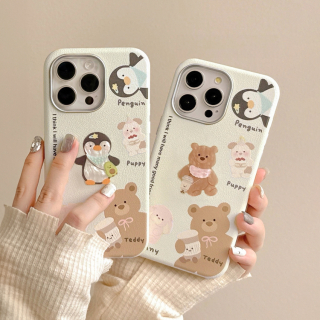 Ốp Vân Da Viền Camera Bạc - Mẫu Penguin & Bear