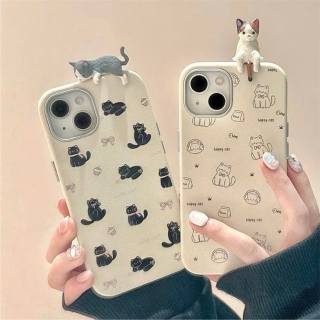 Ốp Vân Da Viền Camera Bạc - Mẫu Happy Cat !!!