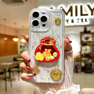 Ốp Lưng Pha Lê 3D Trong Suốt Lá Vàng  - Túi Tiền Đỏ